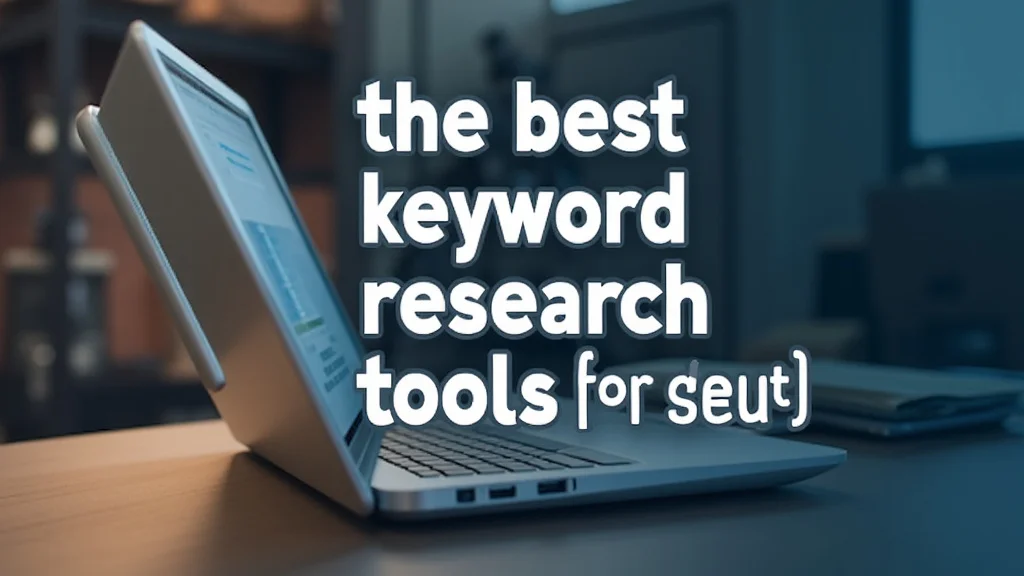 The image shows a person using a laptop with a keyword research tool interface, illustrating beginner tools.